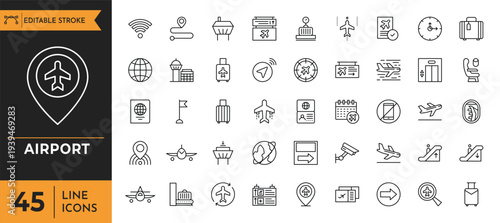 Airport outline icons set. Editable stroke. Vector illustration.