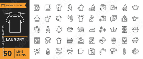 Laundry outline icons set. Editable stroke. Vector illustration.