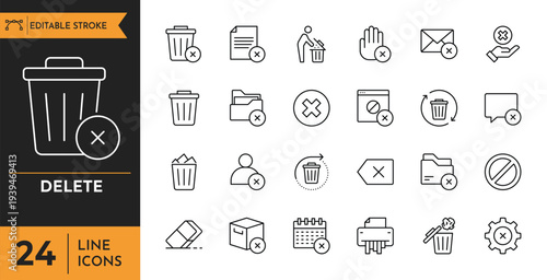 Delete outline icons set. Containing trash, delete button, cancel, throw, undo, remove, and more. Editable stroke. Vector illustration.