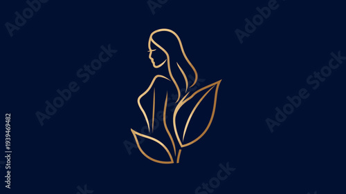 Elegant golden line art woman profile with leaves on dark background, minimalist beauty and nature icon