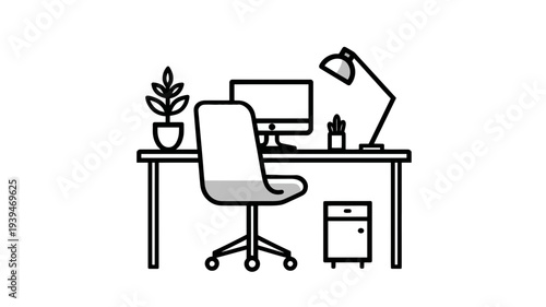 Minimalist Home Office Workspace Desk with Computer, Chair, Lamp, and Plant Line Art Icon