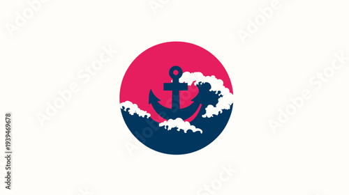 Nautical Anchor with Ocean Waves Icon. Marine Stability Symbol. Flat Vector Graphic Design Element for Travel or Security.