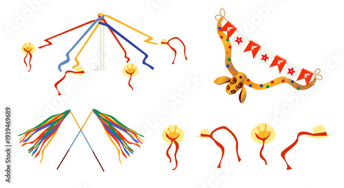 Brazilian folk festival collection: Ribbon pole, traditional hats and Goias cultural celebration items