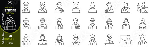 Avatars for user interface editable linear icon collection. Human profile or person character icon in different style