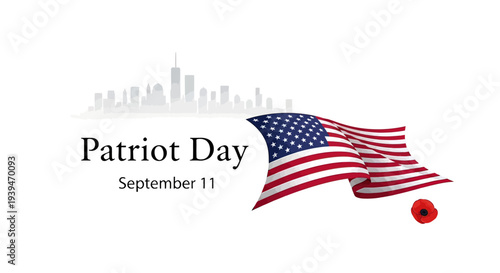 American Flag Waving with Poppy on Patriot Day.