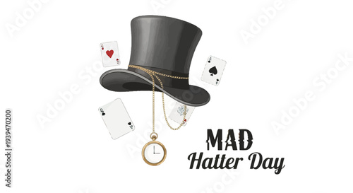 Black Top Hat with Pocket Watch and Cards.