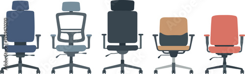 Set of Modern Office Chairs in Side Profile and Back View Rendered in Clean Flat Vector Style with Solid Colors and Minimalist White Background