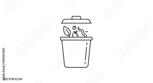 Minimalist line art trash can with organic waste and lid isolated on white background