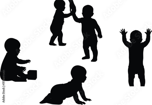 Baby Activity and Toddler Development Silhouette Set Crawling Playing Standing and Learning to Walk Child Growth Vector Illustration