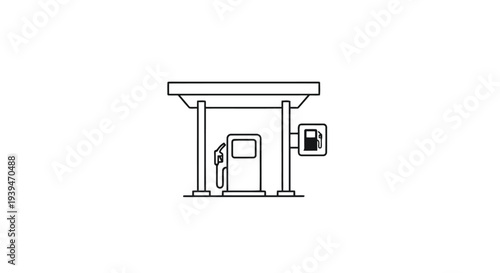 Minimalist line drawing of a gas station with a fuel pump and canopy, simple flat design isolated on white background