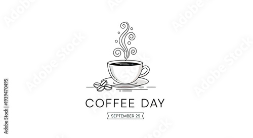 Coffee Cup with Steam and Coffee Beans.