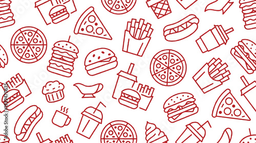 red line drawn fast food icons on white background