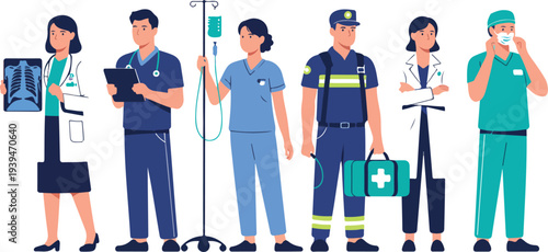 Flat Illustration of Diverse Medical Professionals Including Doctors, Nurses, Surgeons, and Paramedics Standing Together with Medical Tools Isolated on Transparent Background