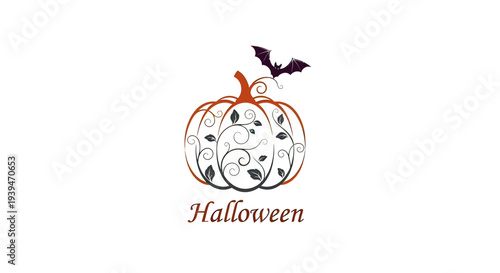 Decorative Pumpkin with Bat Halloween Illustration.