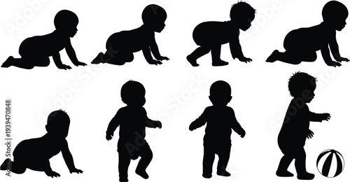 Baby Development Silhouette Set Crawling Sitting Standing and Walking Toddler Stages Child Growth Activity Vector Illustration Collection