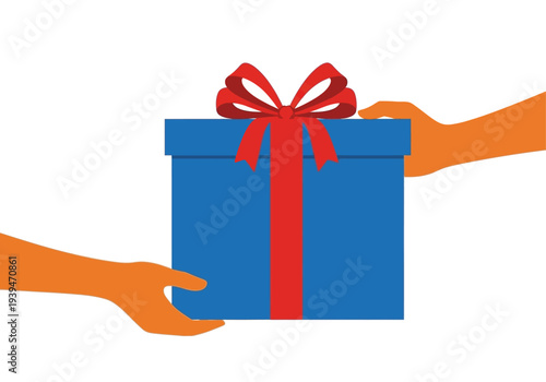 Orange hands exchanging a blue gift box with a red ribbon and bow present giving