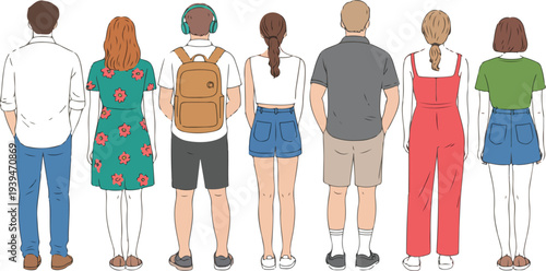Vector Illustration of Diverse People in Summer Outfits Seen from Behind Walking, Relaxing, and Holding Drinks in Vacation Clothes Isolated on Transparent Background