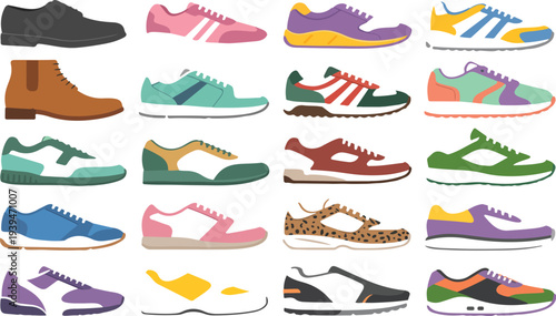 Fashion Sneakers Set with Modern Sports Shoes in Different Shapes and Colors Trendy Sportswear for Men and Women Footwear Designs Vector Colorful Illustrations Isolated