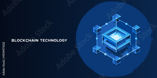 Isometric illustration of a blockchain network with glowing blue connections