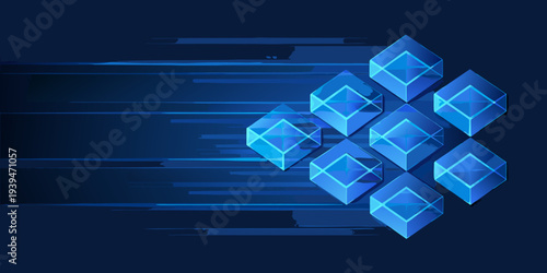 Abstract arrangement of glowing blue cubes with dynamic light streaks