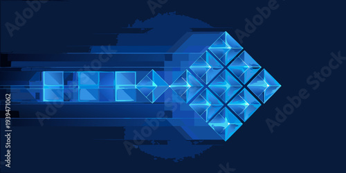 Abstract blue geometric shapes form an arrow pointing to the right