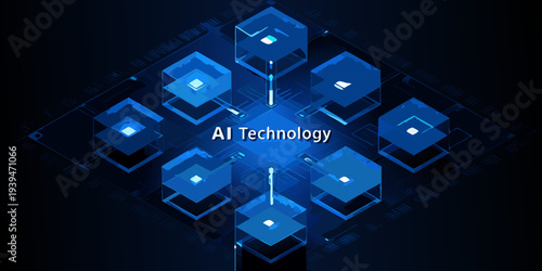 Abstract geometric network with glowing cubes and the text ai technology