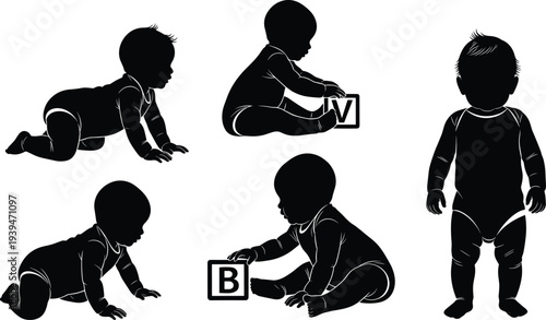 Baby Development Silhouette Set Crawling Sitting Playing with Blocks and Standing Infant Toddler Growth Activity Vector Illustration Collection