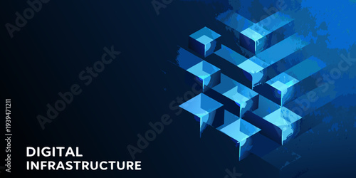 Abstract digital infrastructure with interconnected cubic elements in blue hues