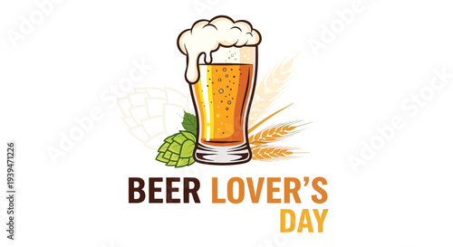 Glass of Beer with Foam and Hops.