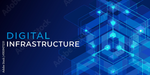 Abstract digital infrastructure background with glowing lines and geometric shapes