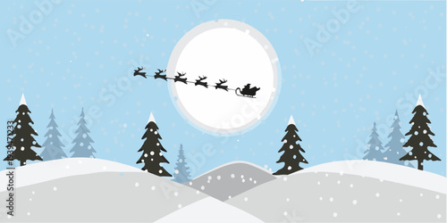 Santa claus and reindeer fly across a winter night sky scene