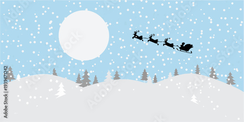 Santa claus and reindeer silhouetted against a snowy winter landscape