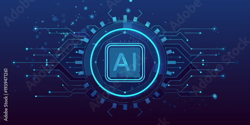 Abstract digital illustration of artificial intelligence with circular tech design