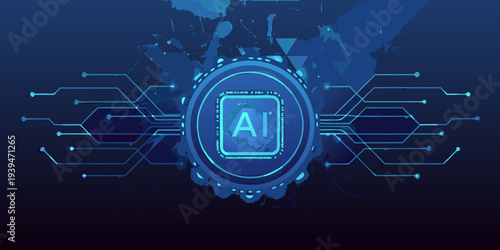 Abstract digital illustration featuring artificial intelligence and global connectivity