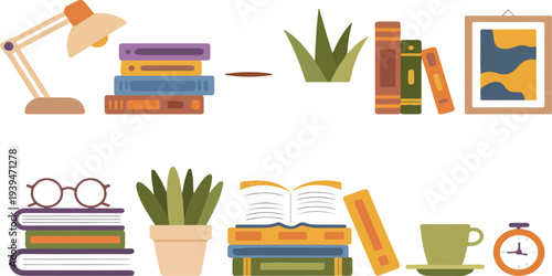 Books and Reading Set with Textbooks, Houseplant, Lamp, Clock, Vase, Tea, and Glasses Flat Colorful Vector Illustration for Education, Study, and Cozy Workspace Designs