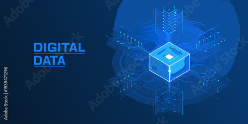 Abstract digital data representation with glowing circuitry and cubic forms
