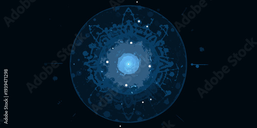 Abstract blue sphere with swirling patterns and central bright light