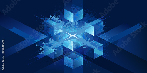 Abstract geometric design featuring a blue crystalline snowflake shape