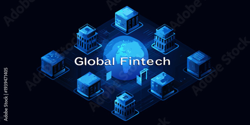 Isometric illustration depicting global fintech network with a world globe