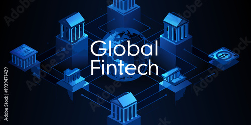 Global fintech network with interconnected buildings and a world globe