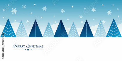 Winter scene featuring snow covered trees and a festive christmas greeting