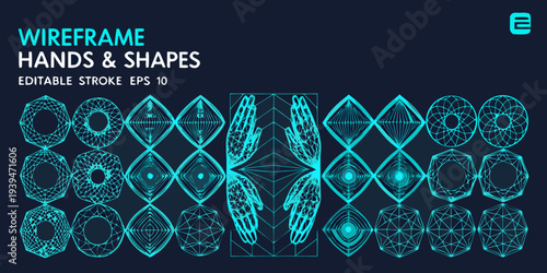 Geometric hands and shapes a collection of teal wireframe designs