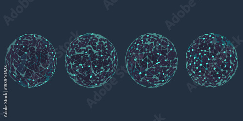 Four abstract polygonal sphere shapes progressing from left to right