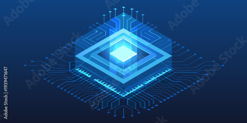 Abstract geometric design featuring layered circuit board elements in blue