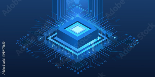 Abstract isometric illustration of a microchip with glowing circuitry