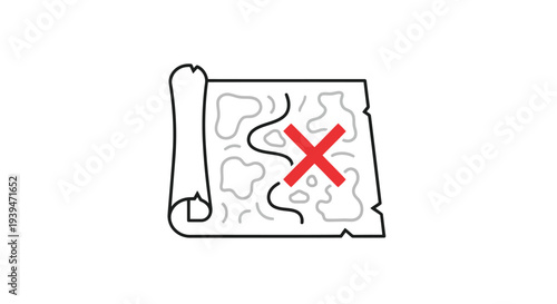 Flat illustration of a map with a red X marked on it isolated on white background