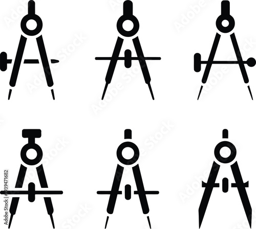 Set of drafting compasses in various positions for design and architecture