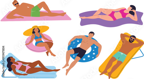 Top View Vector Set of People Sunbathing and Relaxing on Beach Towels and Pool Floats Isolated on Transparent Background Perfect for Summer, Vacation, and Travel Design Projects