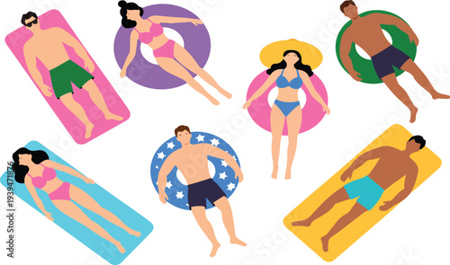 Top View Vector Set of People Sunbathing and Relaxing on Beach Towels and Pool Floats Isolated on Transparent Background Perfect for Summer, Vacation, and Travel Design Projects