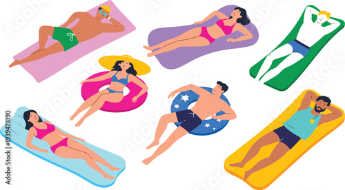 Top View Vector Set of People Sunbathing and Relaxing on Beach Towels and Pool Floats Isolated on Transparent Background Perfect for Summer, Vacation, and Travel Design Projects